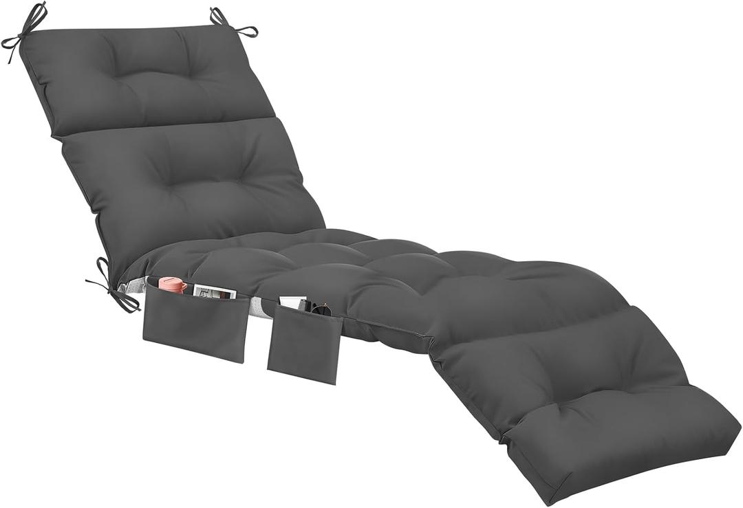 Kigley Outdoor Chaise Lounge Cushions with 3 Side Pocket 74.5 x 22 x 4.7 Inch Patio Chaise Lounge Cushion, Water-Repellent and Fade-Resistant Tufted Summer Replacement(2 Pcs,Dark Gray,Solid Color)