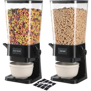 Cereal Dispenser Countertop with Cereal Bowls,16 Labels & Pen, Cereal Containers Storage, Candy Dispenser, Dry Food Dispenser For Pantry - Not Easy to Crush Food (Black, 2 Pack)
