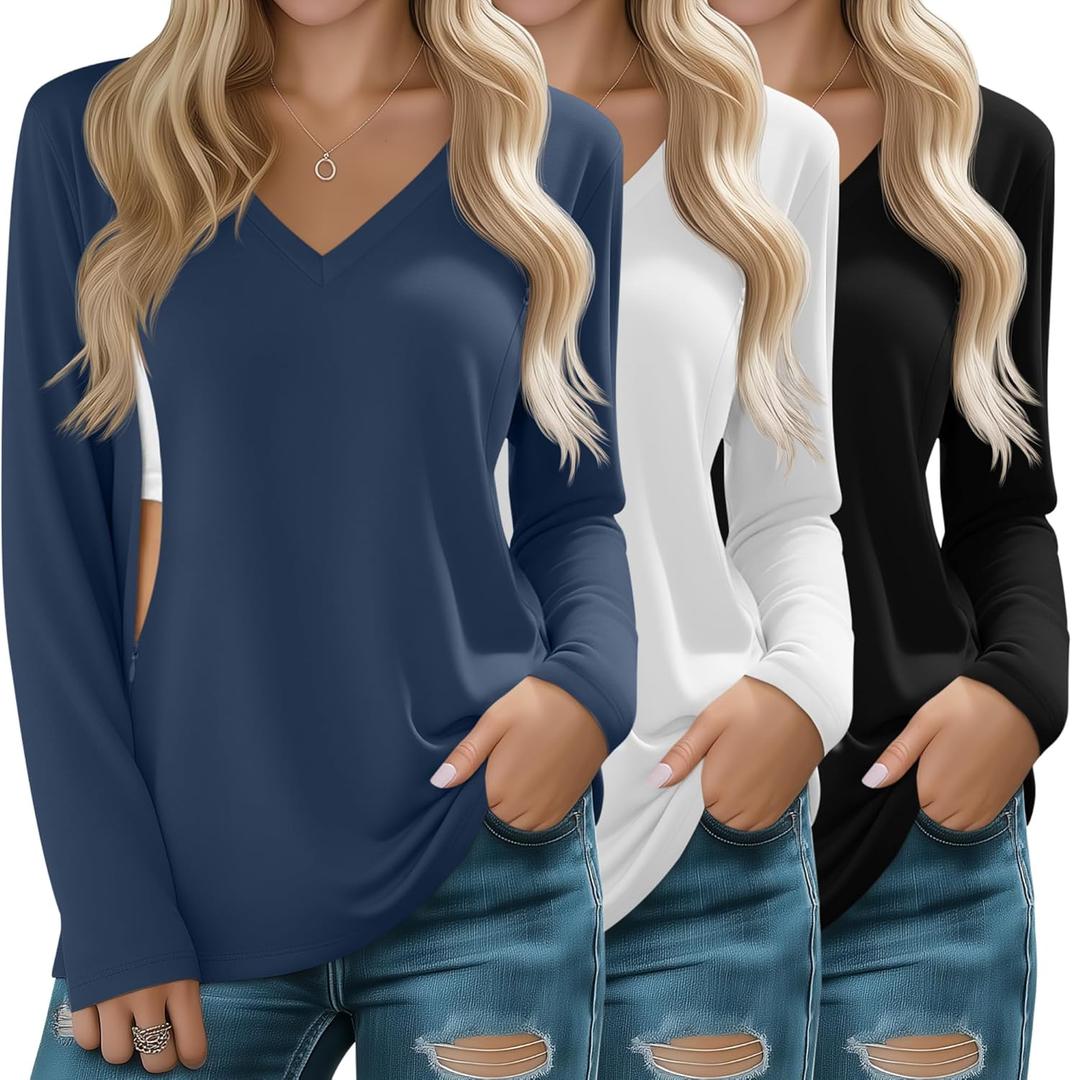 Huukeay 3 Pack Women's Long Sleeve Nursing Tops, Breastfeeding Hidden Zippers Shirts V Neck Maternity Pregnancy Tees Clothes (Medium, Black, White, Haze Blue)