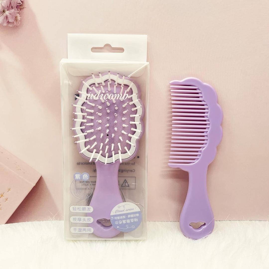 Mini Wet Hair Brush,Small Cute Hair Comb 2 Piece Cloud shaped Hair Brush Combs Set For Women Girls Kids,Travel Shower Detangling Comb Massage HairBrush with Air Cushion for Dry,Wet Hair (Purple)