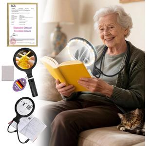 5.0 Upgraded Magnifying Glass Hand Free12X German Ultra-HD LensCloud Sponge Neck Protection 3 Smart Mode Light, All-Purpose Magnifying for Reading, Cross Stitch, Craft Seniors Use (Black)