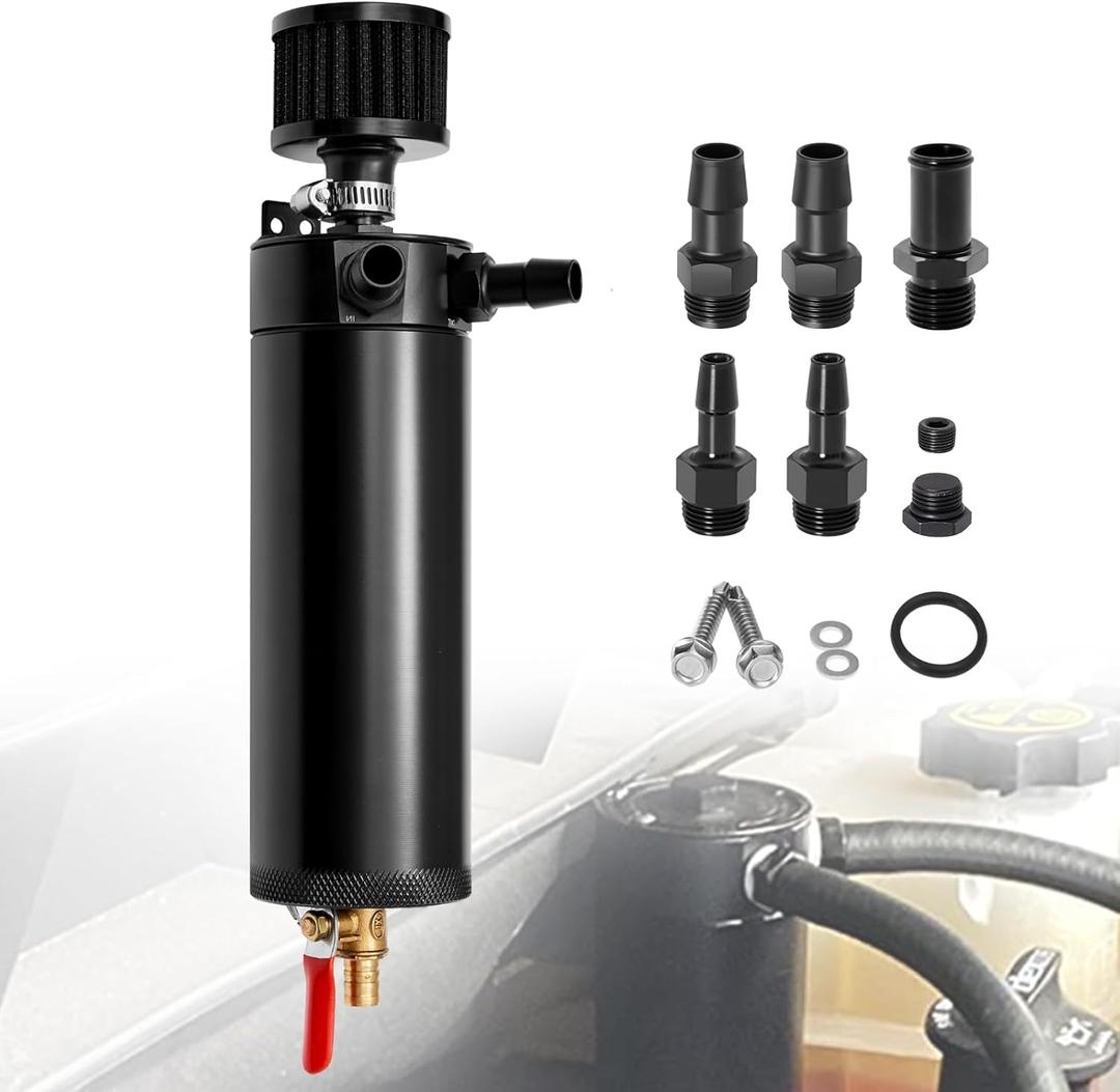 Universal 750m Billet Aluminum 2 Port Baffled Oil Catch Can Kit Reservoir Tank with Breather Filter and Drain Valve