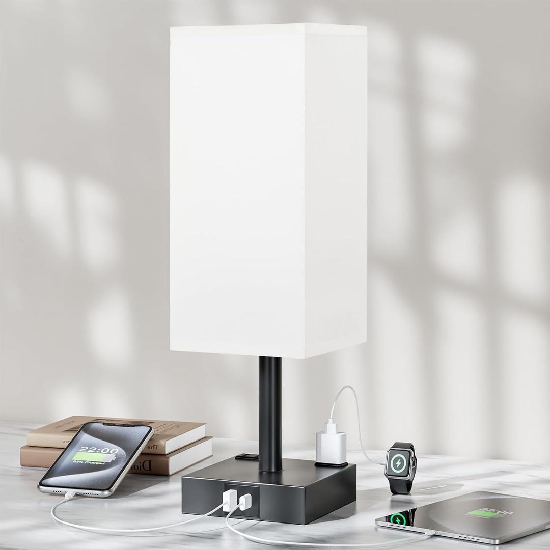 Touch Bedside Table Lamp For Nightstand - 3-Way Dimmable Night Lamp with USB A + Type C Charging Ports and two AC Outlets, Small Desk Light with E26 LED Bulb for Bedroom Living Room ,WHITE BLACK (14.0in)