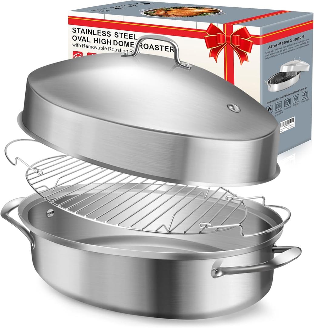 Large Roasting Pan with Rack and Lid, Gifts for Mom Women Wife, Stainless Steel Large Oval Roaster, Nonstick Oven Cookware for Turkey Chicken, 21 Inch