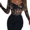 SweatyRocks Women's Sheer Floral Lace Long Sleeve Bodysuit Tops Sweetheart Neck Jumpsuit Black Large
