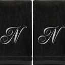 Monogrammed Towels Fingertip, Personalized Gift, 11 x 18 Inches - Set of 2 White Embroidered Towel - Extra Absorbent 100% Cotton - Soft Velour Finish - For Bathroom/ Kitchen/ Spa - Initial N (Black)