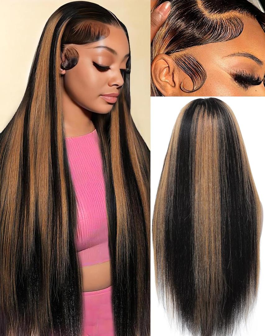 KUKIM 30 Inch Ombre Straight Wigs Human Hair 13x6 HD Transparent Lace Front Wigs Human Hair Pre Plucked 200 Density Highlight Real frontal Wig Can Last 6-9 Months Tangle-Free Natural Black for Women