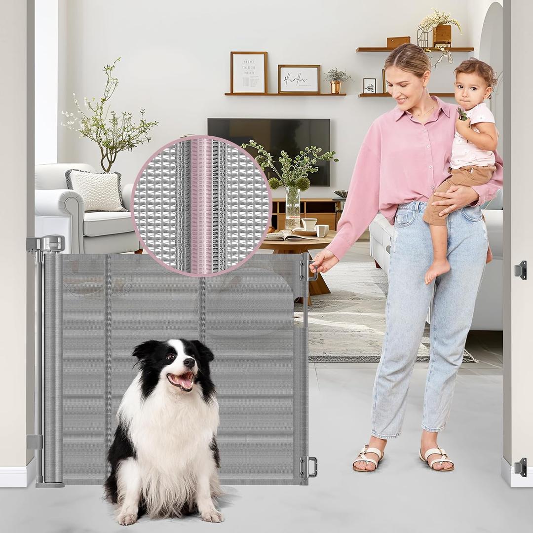 56" Wide Retractable Baby Gates for Stairs with Reinforced Strip, Baby Gate Retractable Pet Gate for Stairs to Prevent Crawling Through, Retractable Gates for Kids or Pets, Mesh Dog Gate Indoor, Gray ((33" Tall x 56" Wide))