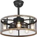 Ohniyou 20'' Caged Rustic Farmhouse Ceiling Fan with Lights Remote Control, Reversible Motor, 6 Speeds Ceiling Fan Light Fixture for Dining Room Bedroom (Wood Downrod Mount)