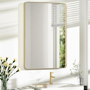 Bathroom Mirror 24x36 inch, Rustproof Aluminum Metal Framed Mirror for Wall, Matte Gold Bathroom Vanity Mirror, Shatterppoof Mirror, Living Room, Hanging or Leaning Horizontal or Vertical