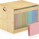 Hanging File Box Organizer for Letter Size, Bamboo Acrylic File Folder Storage with Lid Clear Moving Boxes Wooden with Handle Desktop Wood Filing Holder for Office Banker Document Nature 1 Pack