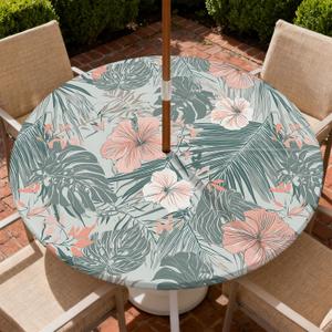 Round Outdoor Tablecloth with Umbrella Hole and Zipper Waterproof Round Fitted Tablecloth with Elastic Edge Wipeable Outdoor Table Cover for Patio Garden Picnic Party Fits 45-48" Tables