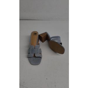 SM New York NWB Ina Denim Block Heel Sandals Open Toe Slip-On‎ Neutral Shoes 9.5