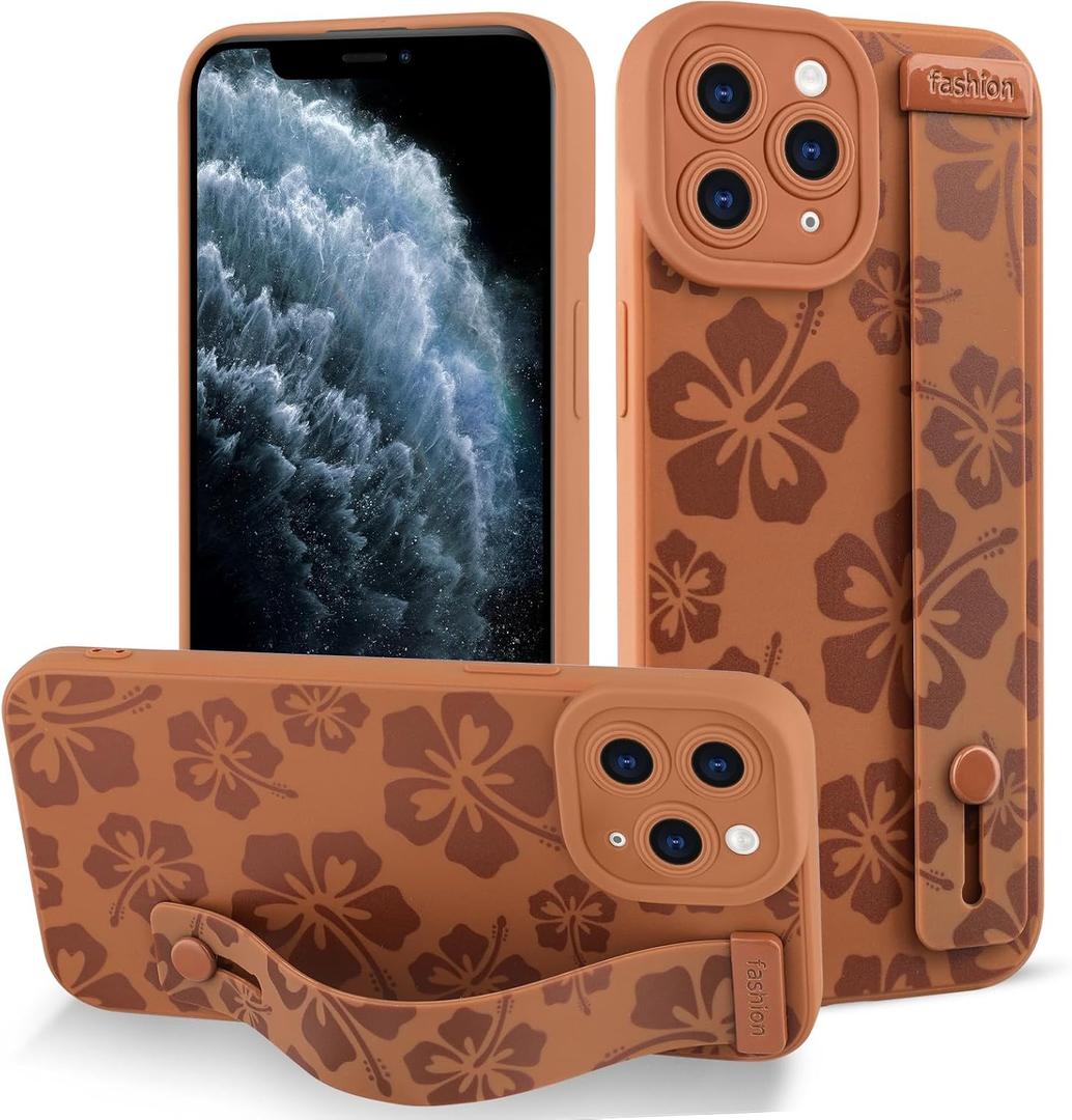 Fiyart Designed for iPhone 11 Pro Max Case Cute Flowers with Strap Soft TPU Phone Cover Protective Camera Lens Protection for Women Men Floral Bumper with Stand 6.7"-Brown