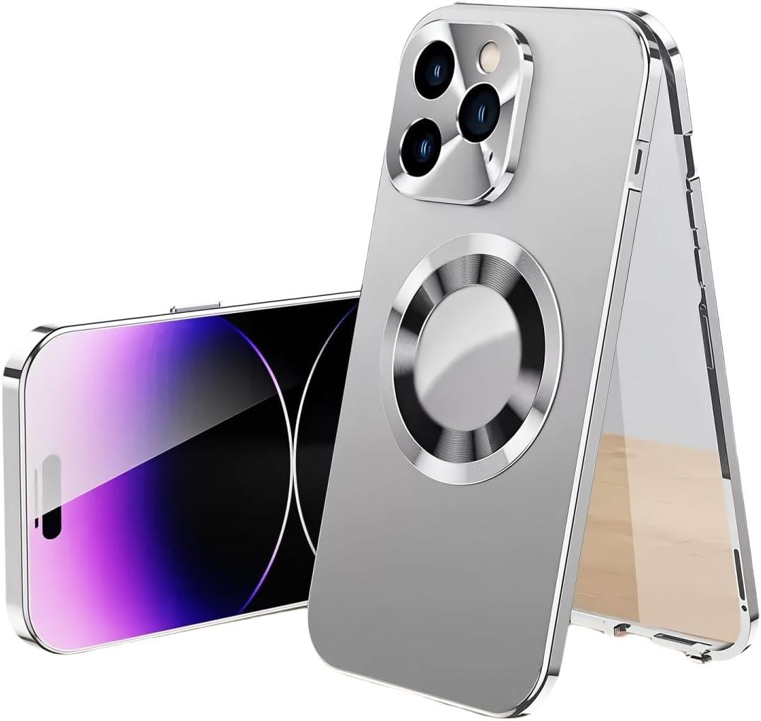 Magnetic Metal Edge Full Body Military Drop Protection for iPhone 14 Case,Compatible with MagSafe,Rugged Built-in Privacy Screen Protector Logo View Shockproof Cover,Silver