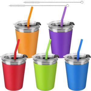 5Pack Kids Cups with Straws and Lids Spill Proof, 12oz Toddler Straw Cups with Colorful Silicone Sleeves, Unbreakable Stainless Steel Water Tumblers for Cold & Hot Drinks (12OZ with silicone straws)