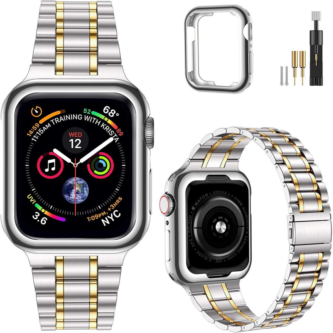 MioHHR Solid Stainless Steel Band Compatible with Apple Watch 45mm, Metal Strap with Soft TPU Case for iWatch Series 9 8 7 45mm Women and Men, Silver/Gold