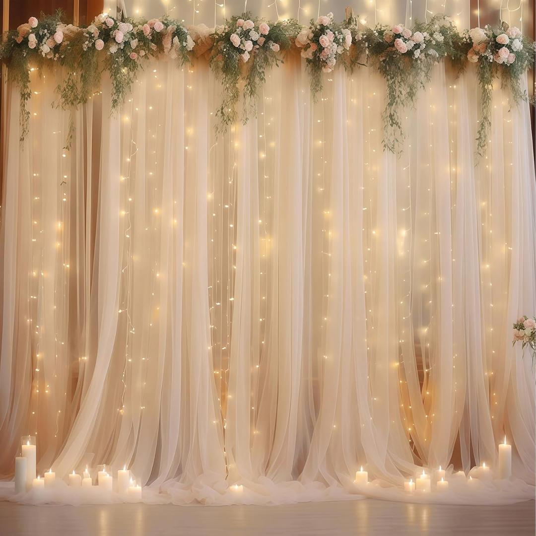 1010ft Champagne Tulle Backdrop Curtain with Lights String for Parites, Sheer Photo Curtain Backdrop Drapes for Wedding Party Photography Backgrounds
