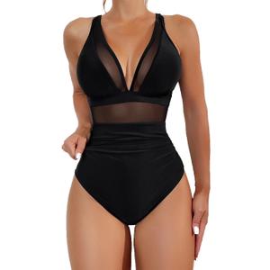 Sexy Mesh Tummy Control Full Coveragel One Piece Bathing Suit for Women (Large, Black)