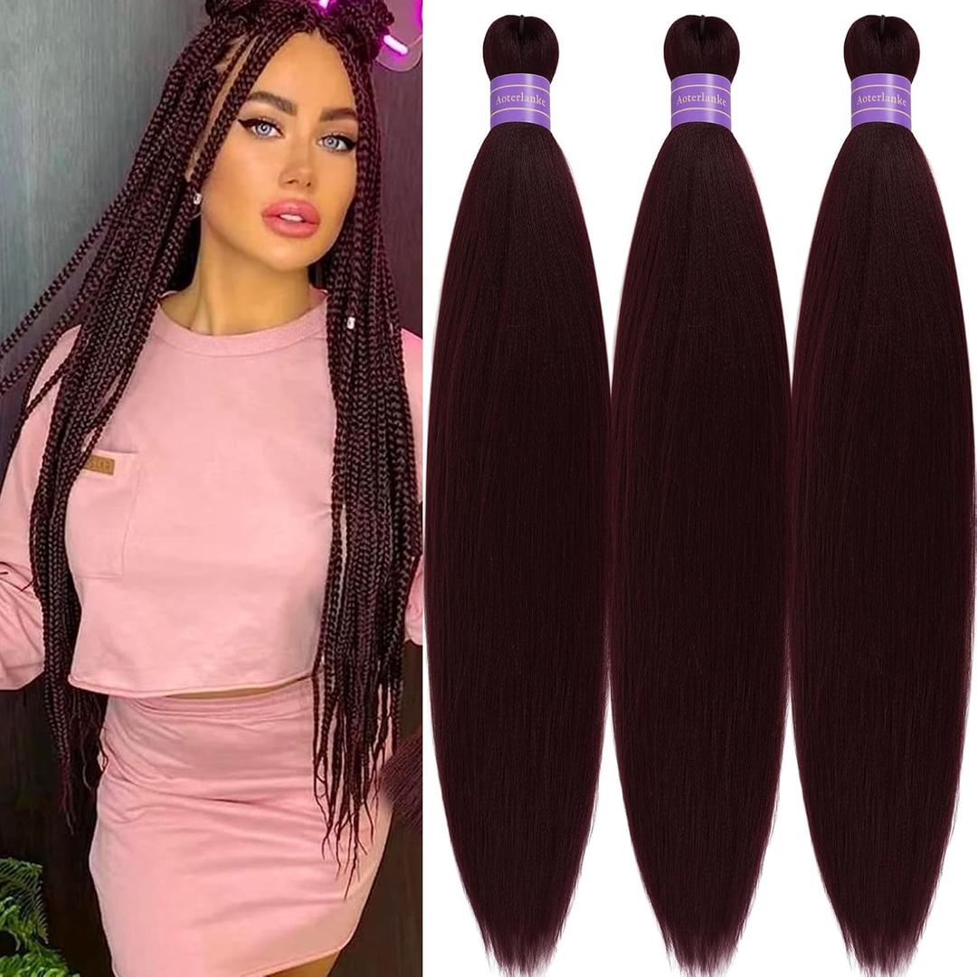 99j Braiding Hair Pre Stretched Synthetic Dark Burgundy Hair Extensions For Braids 26 Inch Flame Retardant Knotless Braiding Hair For Box Braids And Twists Crochet Hair For Women (3 Pack)