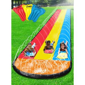 JAMBO Premium Triple Water Slide with 3 Bodyboards, 20Ft Heavy Duty Slip Splash and Slides-Advanced 3-Way Sprinkler System, Splash Pad Mat Backyard Summer Outdoor Water Toys n Long Slides for Kids