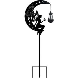 Solar Fairy Garden Outdoor Stake Holding Solar Lantern Outdoor Decor Metal Large Fairy Sitting Moon Silhouette Stakes for Garden Lawn Patio or Courtyard