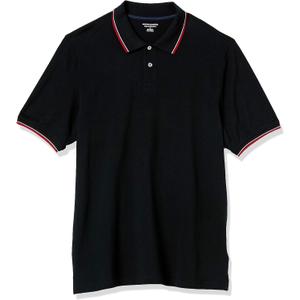 Amazon Essentials Men's Regular-Fit Cotton Pique Polo Shirt  (Large, Black Red White Thin Stripe)