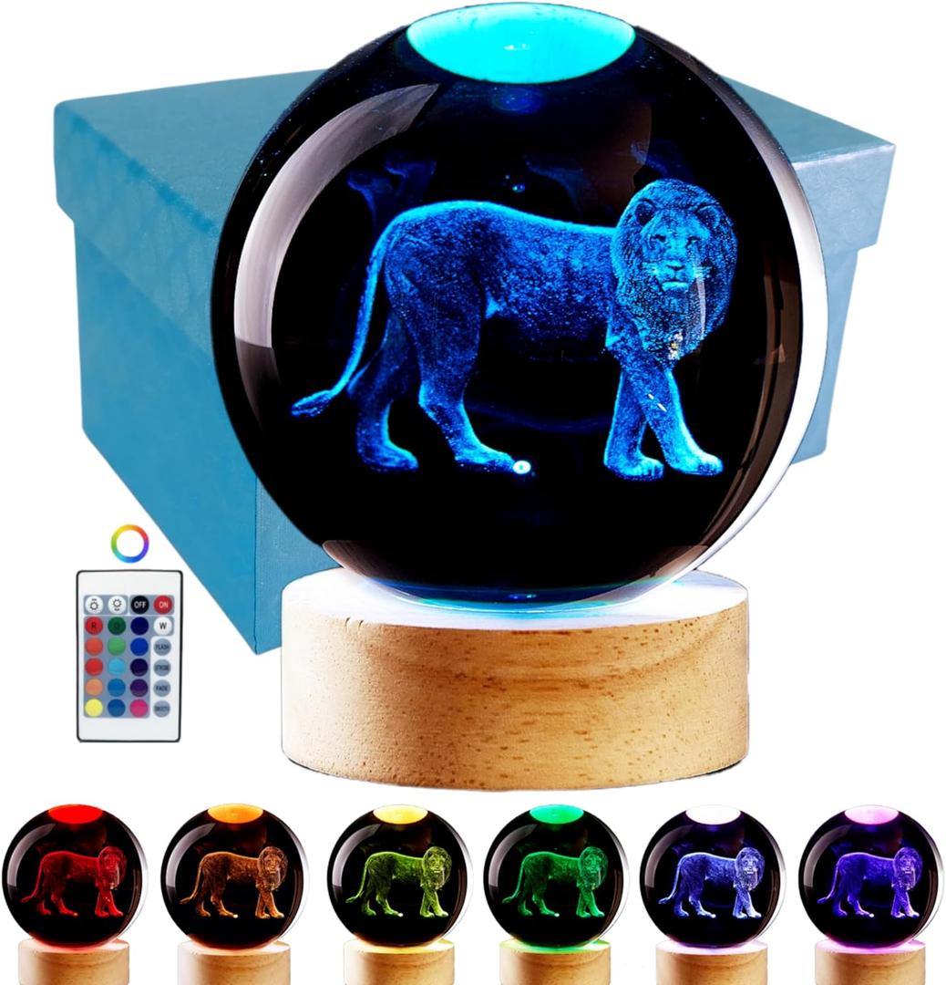 3D Crystal Ball Lamp with Lifelike LED Lion, 16 Color Changing Light, Dimmable Remote Control