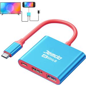 JEMDO Switch 2 HDMI Adapter Dock Station(3 Ports),4K@60Hz,HDMI 2.0 & 18Gbps,PD 100W & USB 3.0,Portable USB C to HDMI Travel Dock for TV Compatible with Nintendo Switch 2(Only Below V21.0.0)/OLED/2017