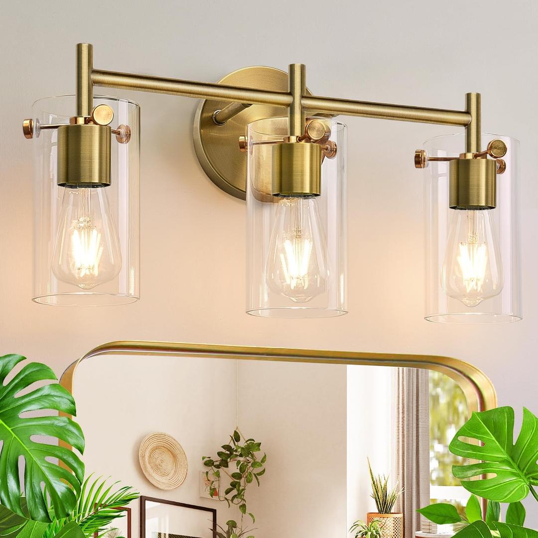 Bathroom Light Fixtures, 3-Light Brass Vanity Light, Black Bathroom Lights Over Mirror with Clear Glass Shade, Wall Sconces for Mirror Bedroom Living Room Hallway