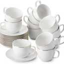 BTaT- Tea Cups and Saucers with Gold Trim, Set of 12, 8oz, White Porcelain Tea Cups
