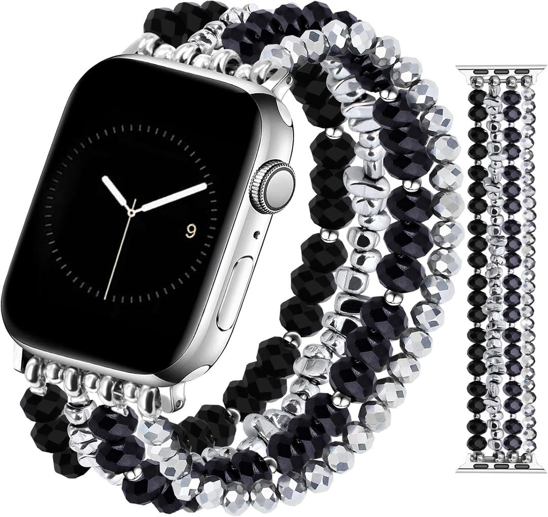 JR.DM Beaded Bracelet Band Women Compatible with Apple Watch 42mm(S3/2/1) 44/45/46/49mm Stretch Handmade Dressy Replacement Strap for iWatch Series 11/10/9/8/7/6/5/4/3/2/1/SE/Ultra, Black Silver