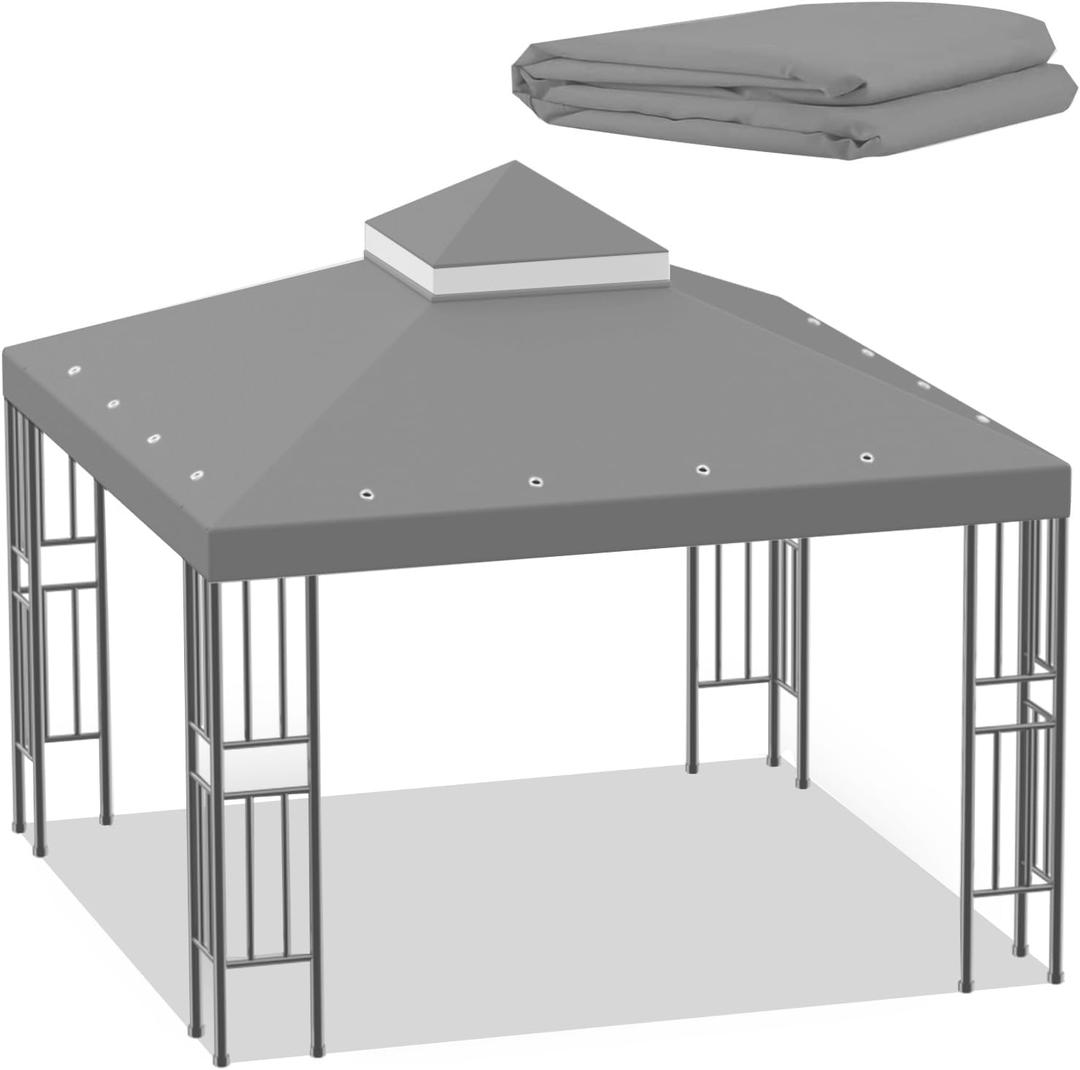 Sumfaller 10x10 FT Gazebo Replacement Canopy Top Cover Double Tiered Canopy Top Cover for Outdoor BBQ Roof Cover Grill Shelter (Grey) (Gray)