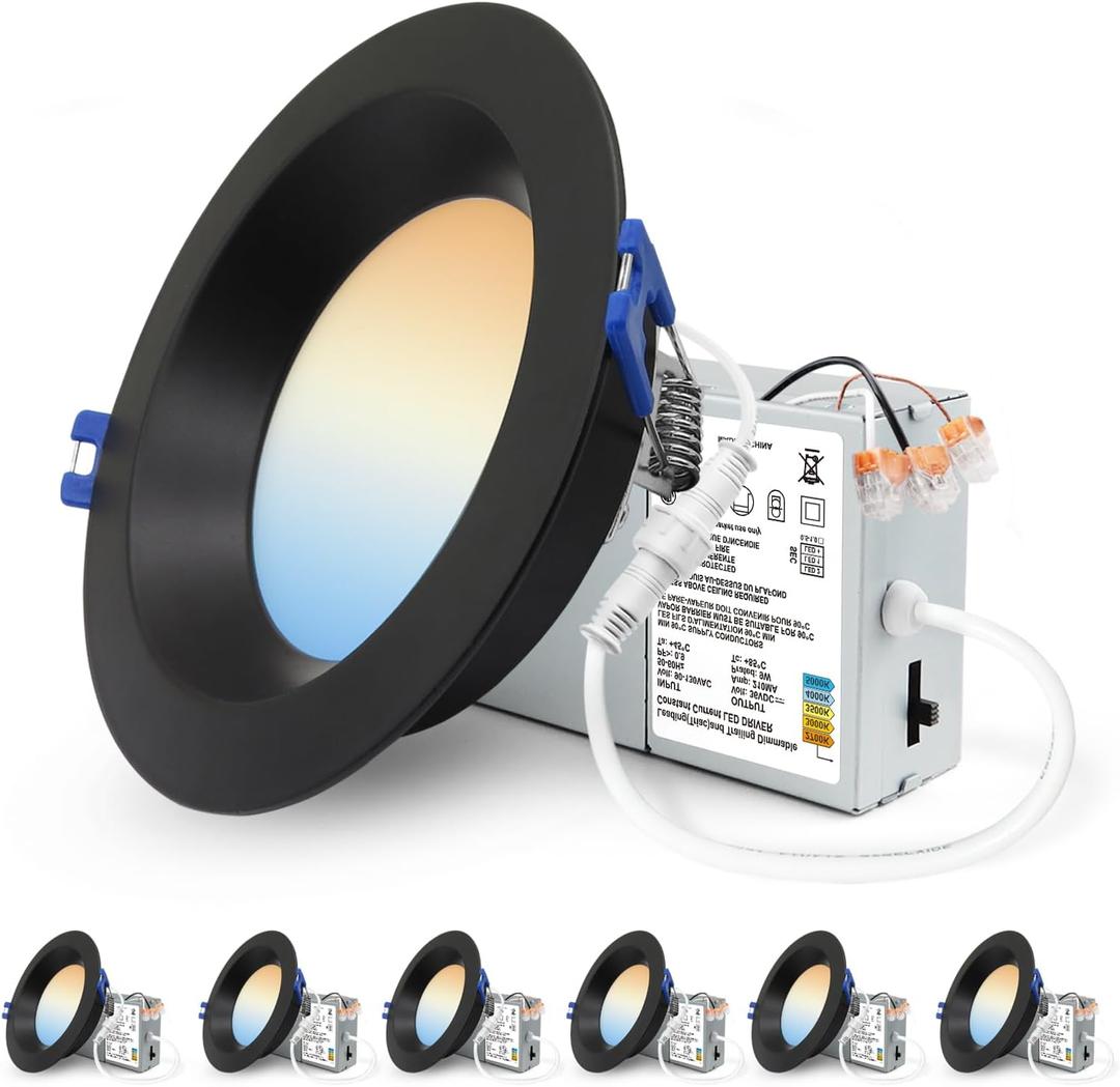 Adetu 4 Inch Anti-Glare LED Downlight,Dimmable Ceiling Light with 5CCT Reset,Selectable from 2700K to 5000K - 12W 1080LM, ETL Certified (Black, 6 Pack Round)