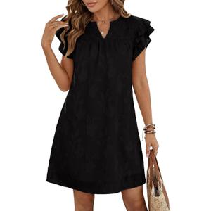Dokotoo Womens Summer Dresses 2026 Ruffle Short Sleeve Casual V Neck Smocked Floral Burnout Mini Dress Sundress (Medium, Black)