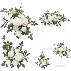 Ling's Moment 2pcs White Wedding Artificial Floral Swag Welcome Sign Flowers Backdrop Garland Green for Ceremony Reception Door Wall Easel Home Decoration Entryway Faux Outdoor Board Table Decor