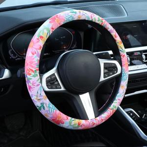 60s Multicolored Ditsy Vintage Flowers Steering Wheel Cover Auto Steering Wheel Protector, Anti-Slip, Breathable, Absorbing Sweat, Universal Car Accessories 14.515 inch, Fit for Most Car, Trucks, SUV