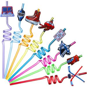 Roshtia 24 Pack Hockey Straws, Reusable Curly Drinking Straws with Ice Hockey Decorations, Daily Drink Straw for Birthday Party Supplies, Team Gifts, Class Reunion, Sports Party Favors