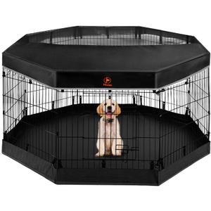 PJYuCien Dog Playpen - Metal Foldable Dog Exercise Pen, Pet Fence Puppy Crate Kennel Indoor Outdoor with 8 Panels 24H & Top Cover and Bottom Pad for Small Medium Pets