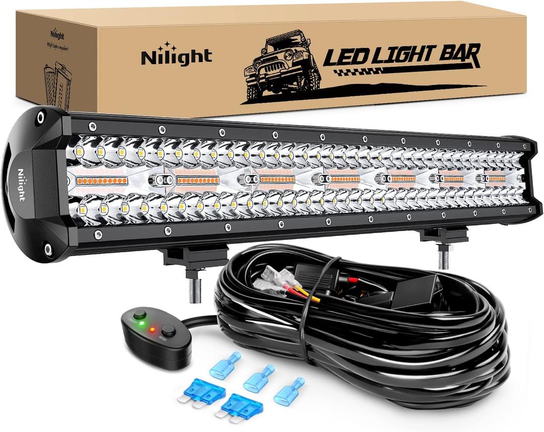 Nilight 20Inch 420W LED Light Bar Spot Flood Amber White Strobe 6 Modes with Memory Function Off-Road Truck Car ATV SUV Cabin Boat with 16AWG Wiring Harness Kit-1 Lead