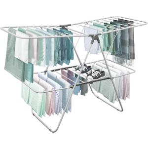 Brookstone  Extra Large  Double Spaced - 2 Tier Collapsible Clothes Drying Rack, Indoor/Outdoor Folding Hanging Garment Stand [NO Assembly - Ready Out of The Box] (White)