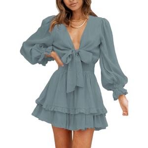 AlvaQ Womens Dresses Spring Summer Knot Front V Neck Ruffles Long Sleeve Floral Print Swing Mini Dress (Small, Slategrey)