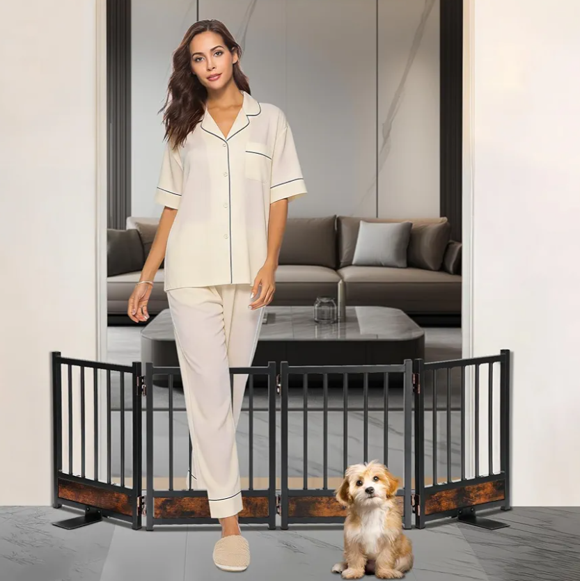 Freestanding Short Dog Gate, 16" Tall Pet Gate Indoor with Support Feet Easily Step Over, 4 Panel Metal Wood Foldable Pet Dog Gate, Up to 48" Wide Puppy Fence, Puppy Gate for for Doorway&Hallway Black