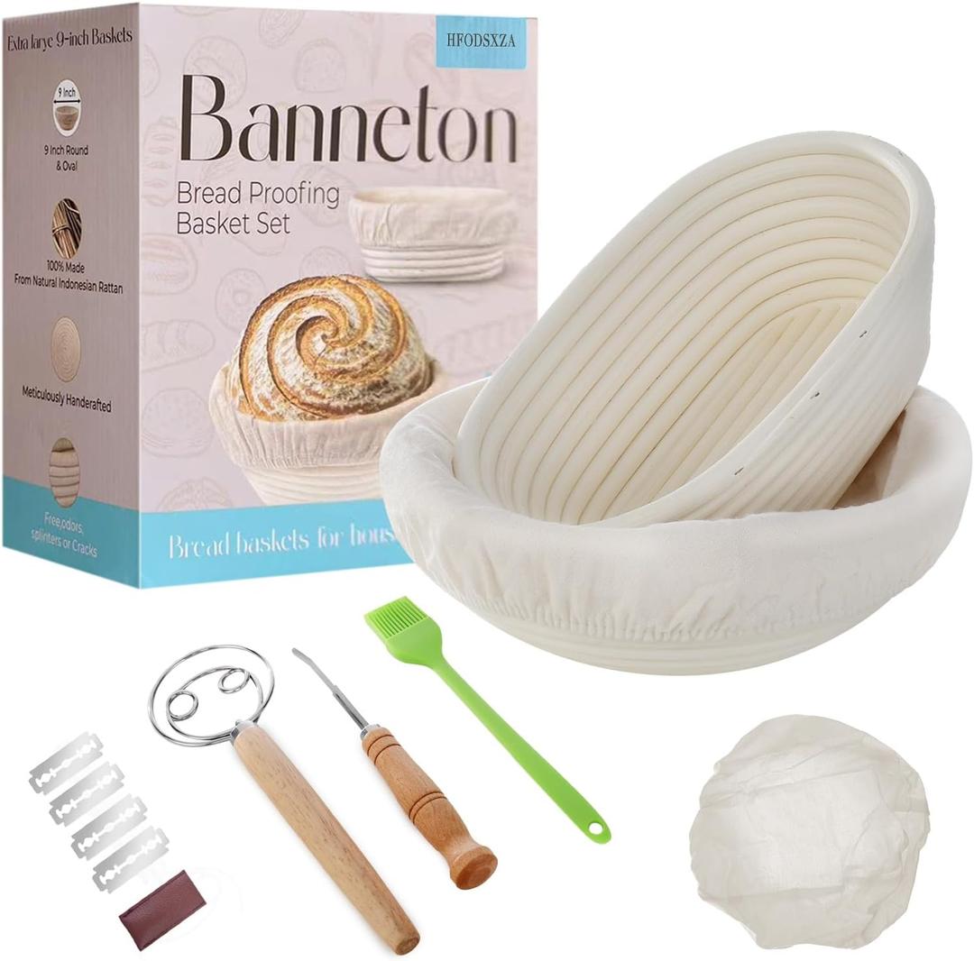 Banneton Basket Set of 2-9 Inch Oval & Round Proofing Baskets with Liners for Sourdough Bread Baking