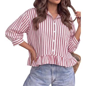 PRETTYGARDEN Striped V Neck 3/4 Length Sleeve Oversized Button Down Shirts for Women Ruffle Summer Tops Dressy Casual Blouses