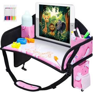 Kids Travel Tray, Car Seat Tray for kids Travel, Toddler Road Trip Essentials With Drawing Kit, Toddler Lap Desk Organizer for Car, Carseat Table for Airplane