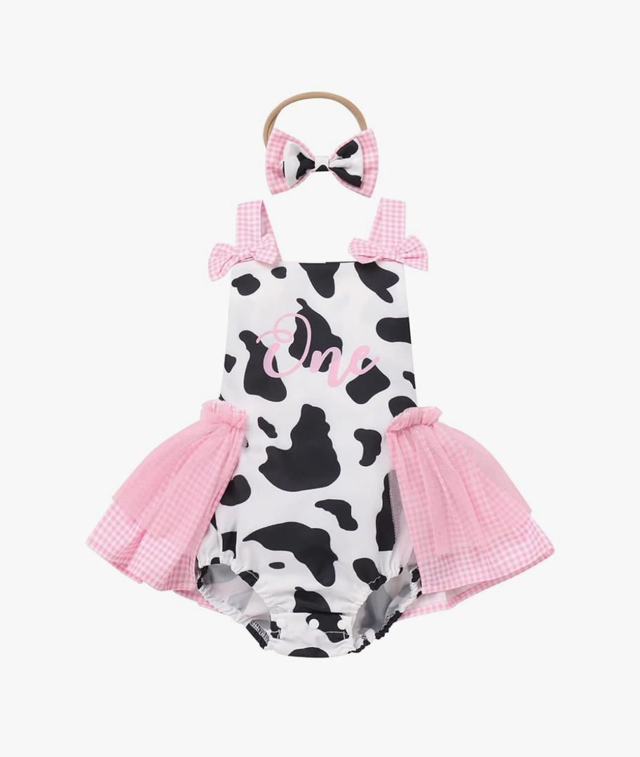 ODASDO Baby Girls Cow Print Tulle Tutu Romper Dresses with Headband First Birthday Party Cake Smash Outfit Photo Shoot 6-12 months