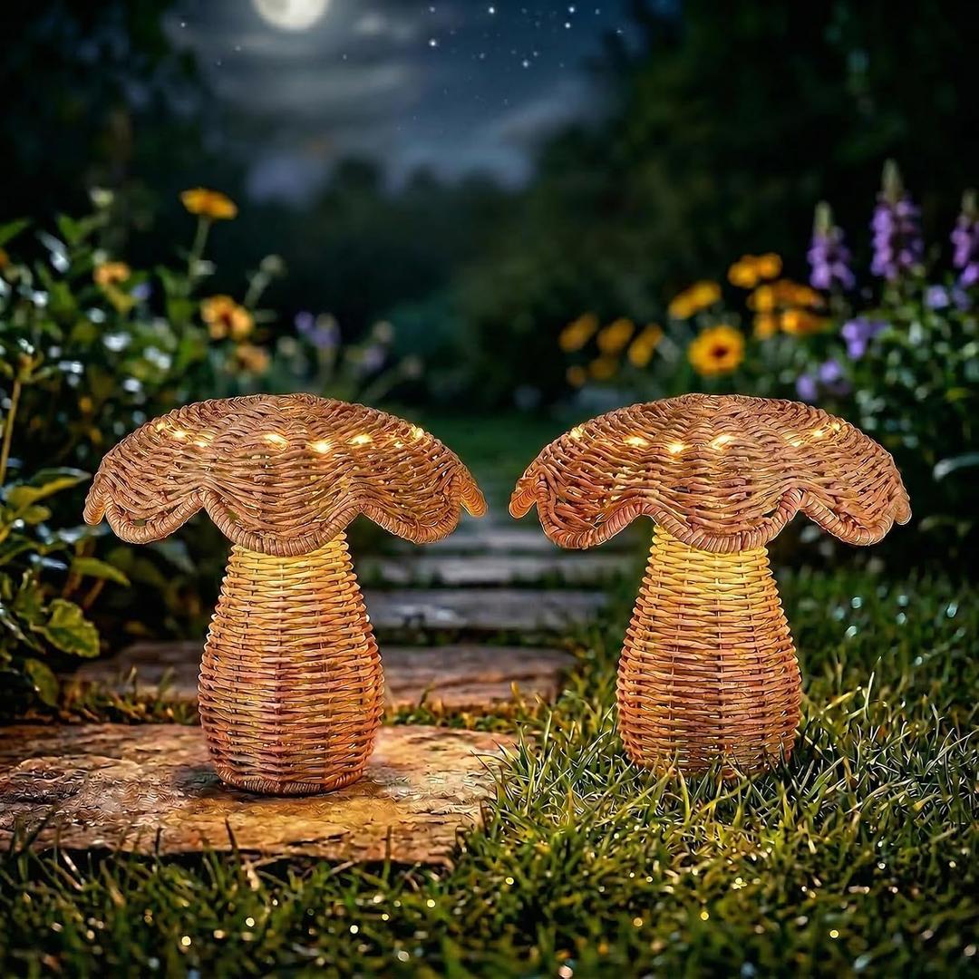 2 Pack Solar Mushroom Rattan Lanterns, 9 Handmade Wicker Lamp Mushroom Lights for Indoor Outdoor, Solar Outdoor Lamp Solar Lanterns for Table Deck Yard Patio Walkway Porch, Home Decor, Boho Decor