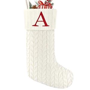 20 Inches Christmas Stockings with Initials,Knit Embroidered Letter White Christmas Stocking,Monogram Christmas Stocking for Famliy Holiday and Xmas Tree Fireplace (Letter-A)