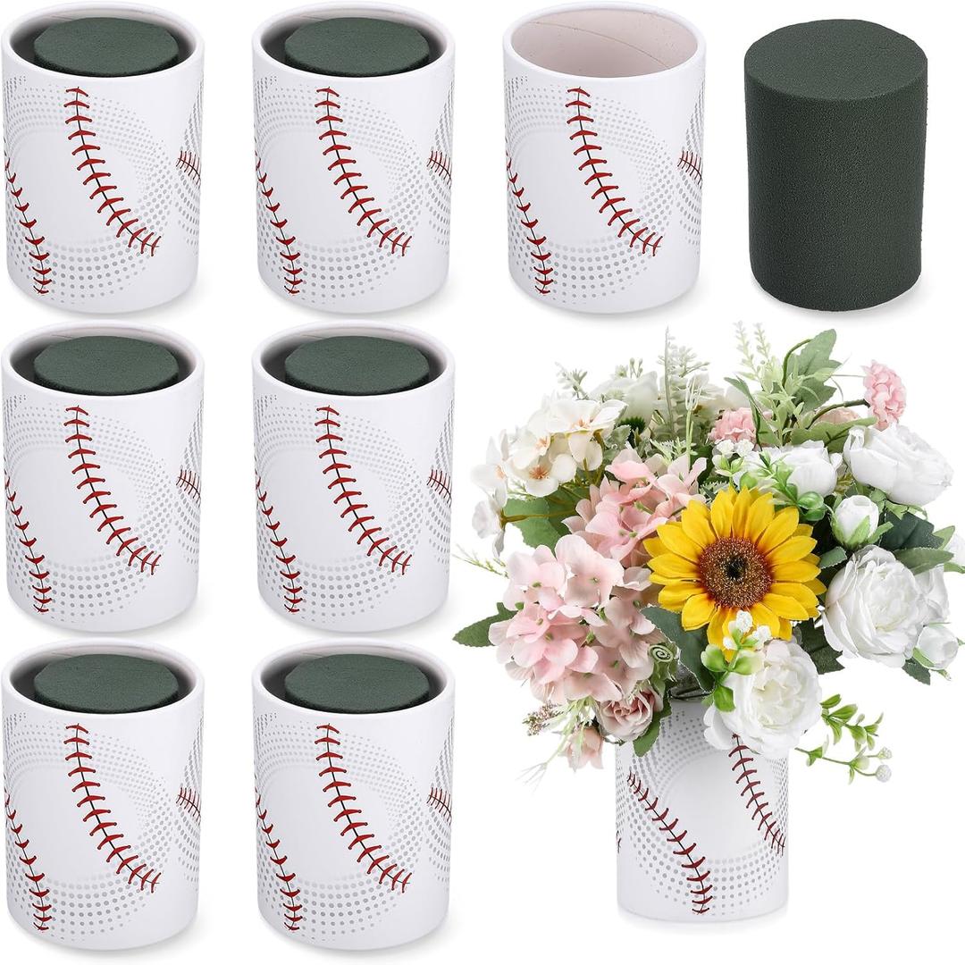 6 Set 5 Inch Baseball Table Centerpiece Sports Round Flower Box with Paper Removable Foam Vase for Artificial Flowers Baseball Utensil Holder Kitchen Home Party Decorations